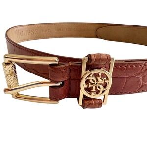 Guess Croc Embossed Faux Leather Belt Brown Gold Logo Buckle – Women's Small